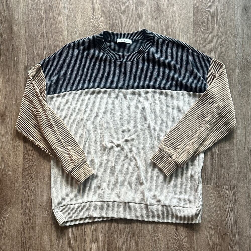 Tres Bien Take Chances Color Block‎ Long Sleeve Shirt Gray Off White Brown Small